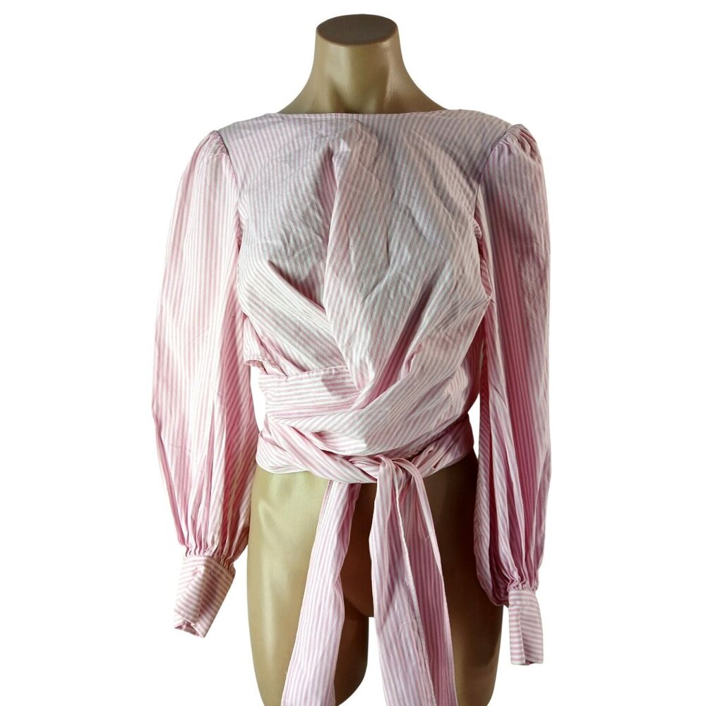 WAYF Dayna Tie Back Poplin Top Blouse Size S Striped Pink Wrap Long Sleeve Puff - Picture 2 of 11